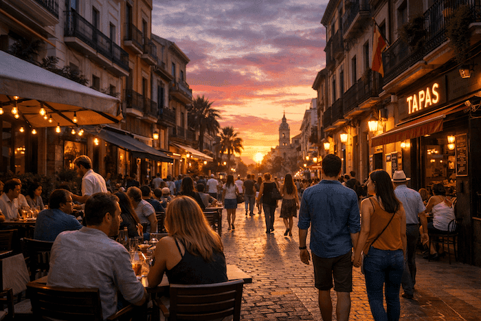 Rue animée en Espagne au coucher du soleil, avec des habitants et expatriés attablés en terrasse et se promenant, illustrant la qualité de vie et l’art de vivre espagnol.