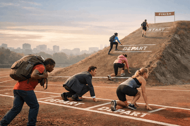 Des personnes s’élancent d’une ligne de départ inégale sur une piste de course : certaines portent un sac lourd ou grimpent une pente, tandis que d’autres avancent sur un terrain plat vers l’arrivée.