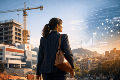 Femme active marchant dans une grande ville espagnole, avec un chantier, un hôpital et des éléments numériques évoquant l’intelligence artificielle et les métiers du futur en Espagne.