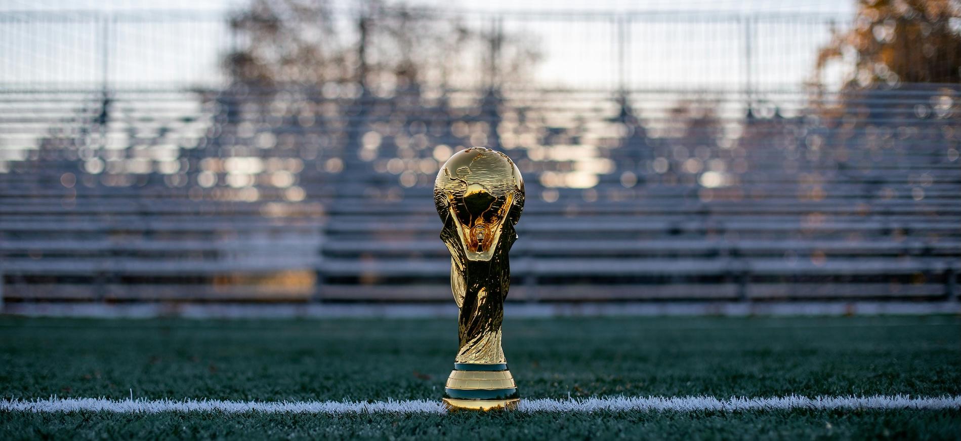 Photo de la Coupe du monde de football posée sur un terrain de football