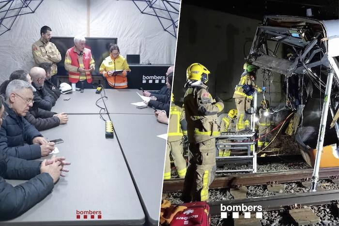 montage photos avec à gauche la cellule de crise des bombers de barcelone et à droite une photod de l'accident de rodalies