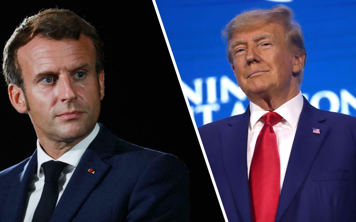 À gauche : Emmanuel Macron, président de France. À droite : Donald Trump, président des États-Unis d'Amérique.
