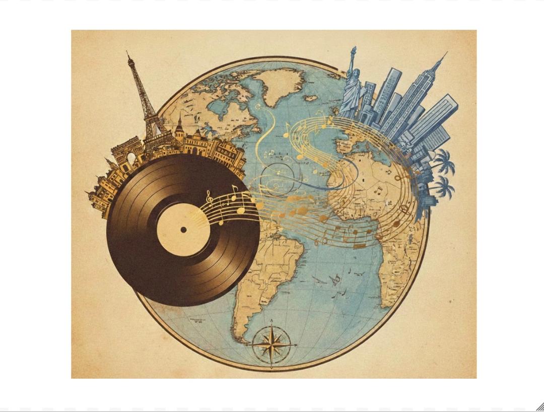 Dessin représentant le musique qui voyage de France dans la monde