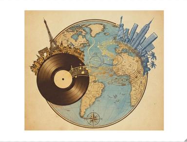 Dessin représentant le musique qui voyage de France dans la monde