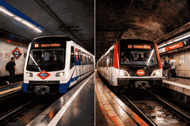 Photo des métros de Madrid et de Barcelone l'un à côté de l'autre