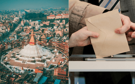 Photo de la capitale du Népal, Katmandou et d'une personne qui dépose un bulletin de vote dans une urne lors d'une élection