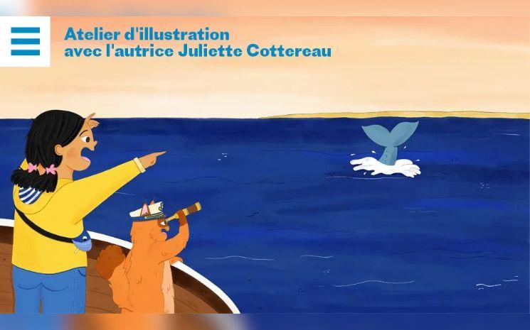 illustration du livre "Mina et la Baleine" de Juliette Cottereau où une petite fille et un chat à bord d'un bateau observent une baleine au large