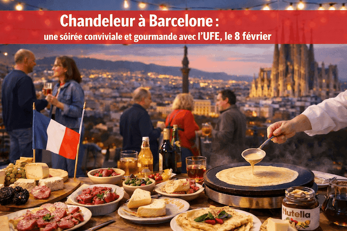 Table gourmande de Chandeleur avec crêpes en préparation, fromages et charcuteries françaises, sur fond de Barcelone au coucher du soleil, avec la Sagrada Familia en arrière-plan et une ambiance conviviale franco-barcelonaise.