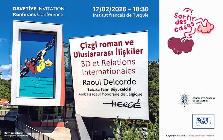 Affiche de la conférence BD et relations internationales avec Raoul Delcorde à l’Institut français d’Istanbul, événement francophone sur bande dessinée et géopolitique