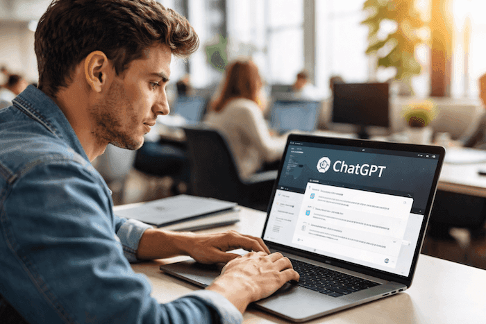 Jeune homme espagnol travaillant sur un ordinateur portable affichant une interface de chatbot d’intelligence artificielle, dans un espace de coworking lumineux, avec d’autres professionnels flous en arrière-plan en Espagne.