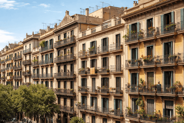 Façades d’immeubles résidentiels à Barcelone avec balcons et volets, illustration du marché locatif en Espagne.