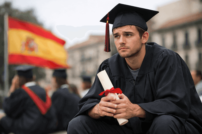 Jeune diplômé espagnol en tenue de cérémonie, assis en extérieur, tenant son diplôme et affichant une expression préoccupée, avec un drapeau espagnol flou en arrière-plan.