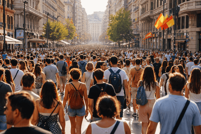 Foule dense et diverse marchant sur la Gran Vía à Madrid, illustrant la croissance démographique et l’immigration en Espagne.
