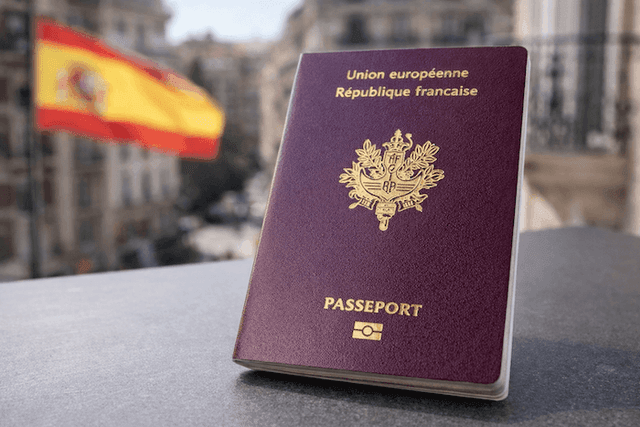 Passeport français posé au premier plan avec un drapeau espagnol flou en arrière-plan, symbolisant les Français vivant en Espagne.