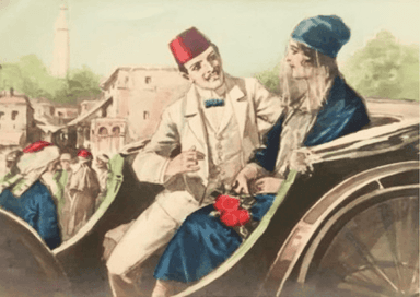 Illustration d’un couple ottoman évoquant la Saint-Valentin en Turquie et les traditions amoureuses