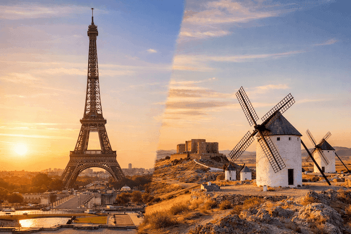 Montage en format paysage montrant la tour Eiffel à Paris à gauche et les moulins à vent de la Mancha en Espagne à droite, symbolisant la comparaison entre la France et l’Espagne dans le tourisme.