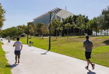 des joggeurs en train de faire du sport dans le jardin du turia à valencia avec au loin la cité des arts et des ciences