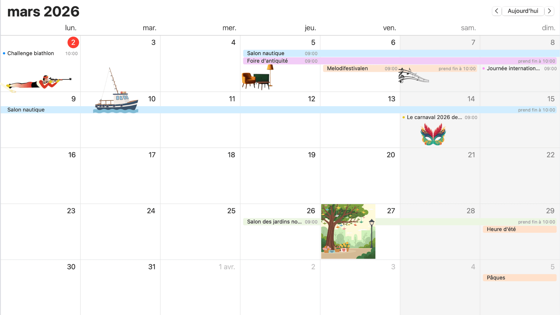 calendrier agenda du mois de mars