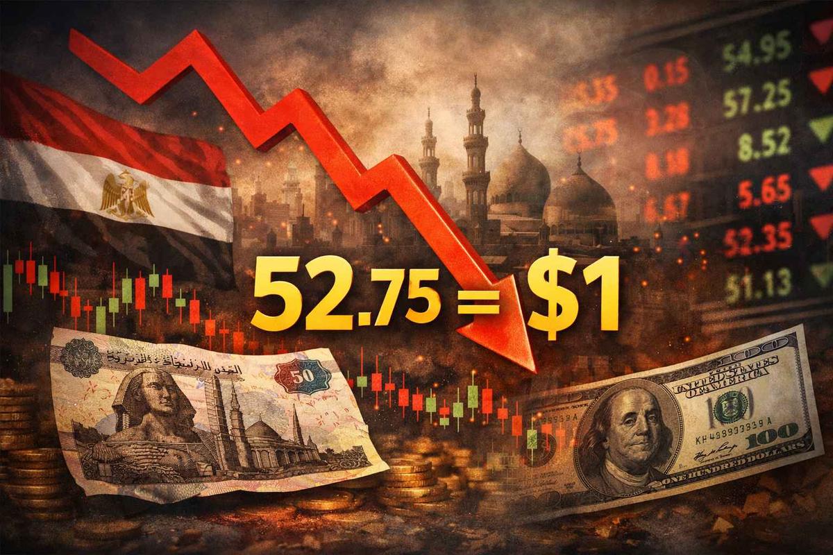 Graphique illustrant la baisse de la livre égyptienne sur le marché offshore, atteignant 52,75 EGP pour 1 USD, avec des graphiques boursiers, le drapeau égyptien et le paysage du Caire, symbolisant la pression sur l’économie et le marché des changes en Égypte.