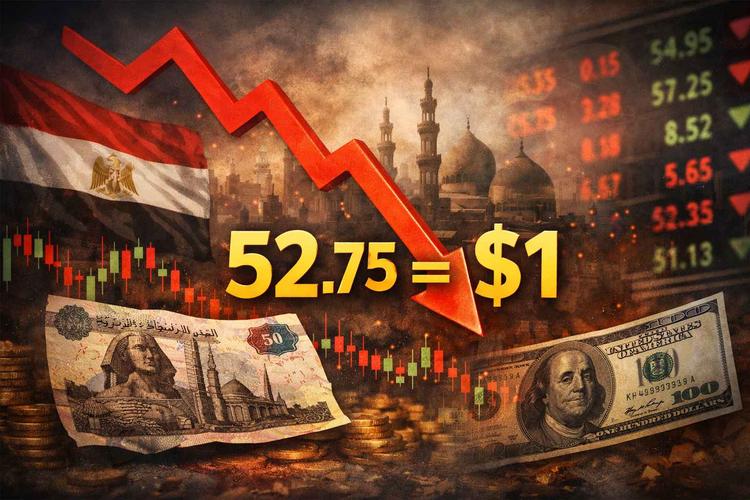 Graphique illustrant la baisse de la livre égyptienne sur le marché offshore, atteignant 52,75 EGP pour 1 USD, avec des graphiques boursiers, le drapeau égyptien et le paysage du Caire, symbolisant la pression sur l’économie et le marché des changes en Égypte.