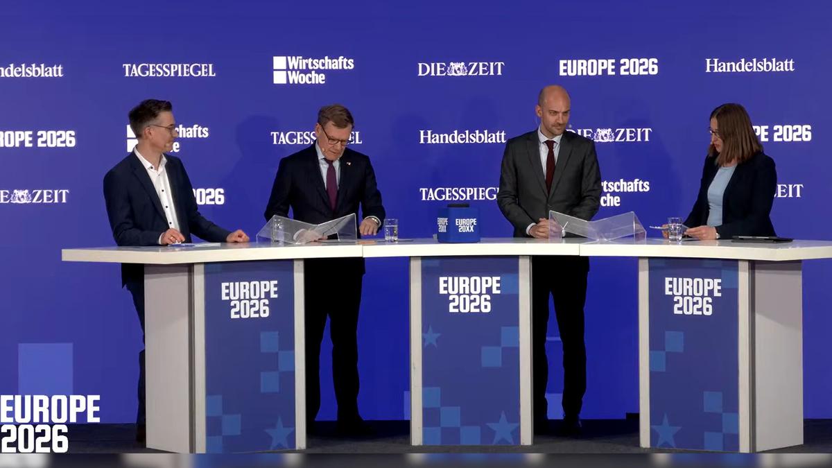 Christian tretbar, Johann Wadephul, Jean-Noël Barrot et Anja Wehler Schöck à la conférence Europe 2026.