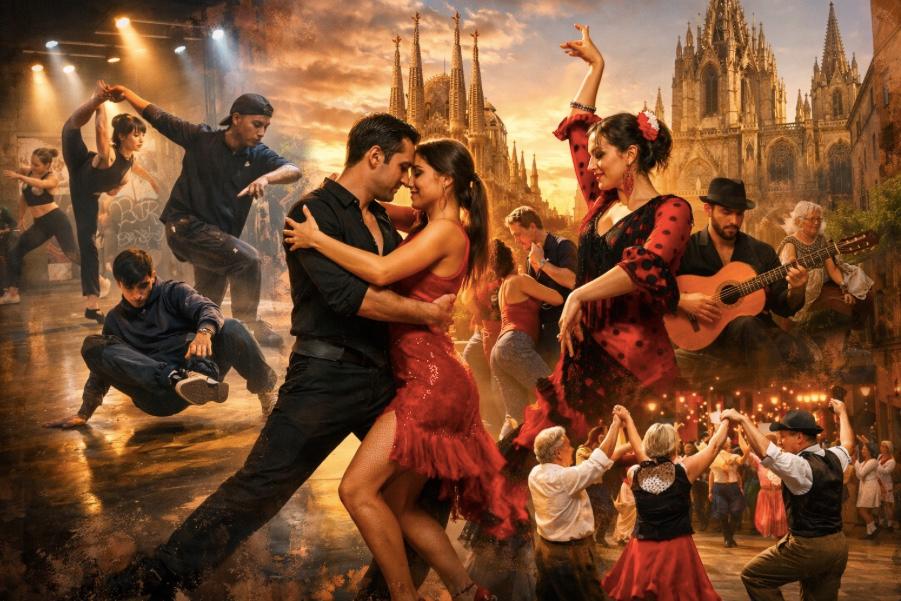 Illustration représentant différents styles de danse proposés à Barcelone