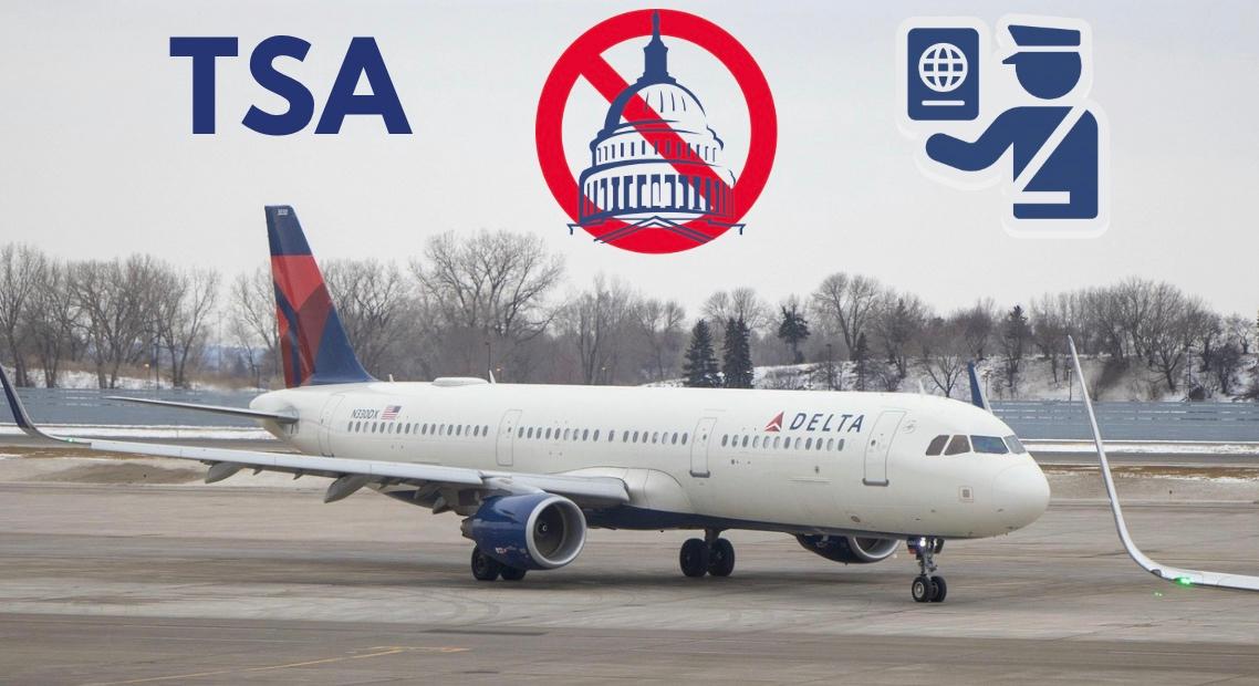 Un avion Delta et des signes de TSA , d'un officier d'immigration et du congrès