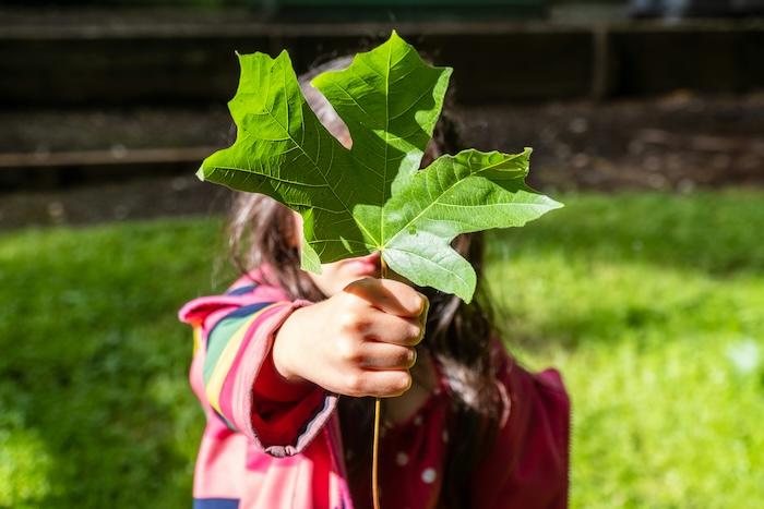 fillette qui tient une feuille devant son visage