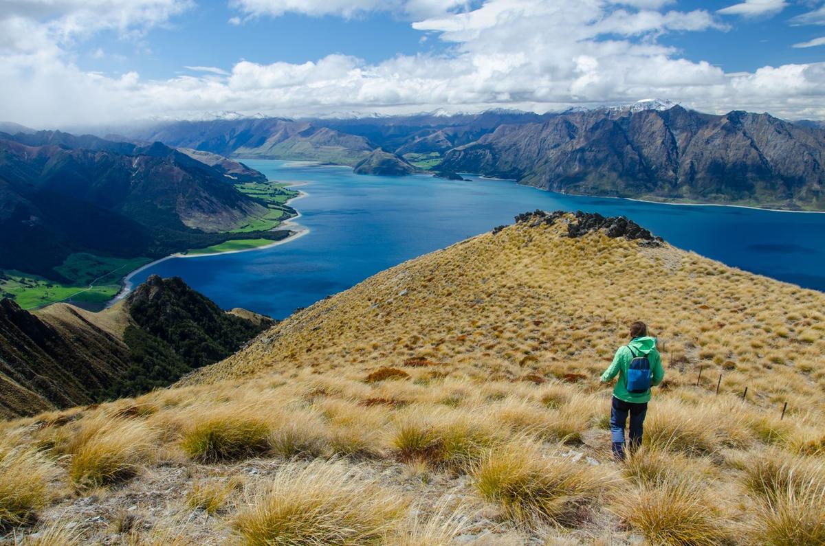 closeup-shot-female-walking-isthmus-peak-lake-new-zealand