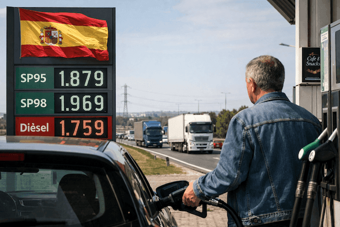 Station-service en Espagne : un automobiliste fait le plein tandis qu’un panneau affiche des prix élevés du carburant, sur fond de circulation routière et de hausse des coûts énergétiques.