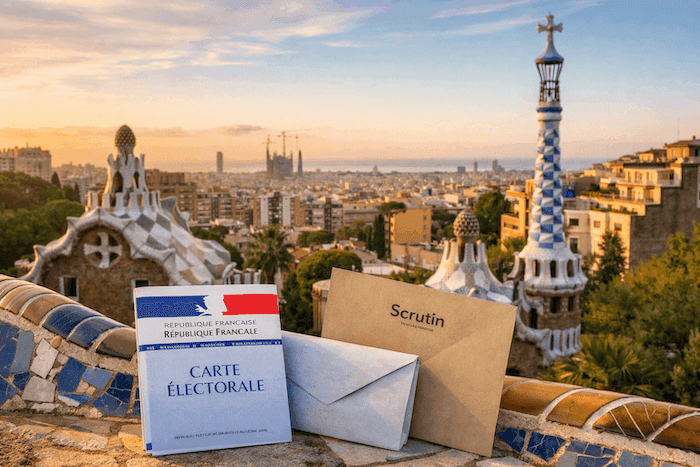 Carte électorale française et enveloppe de vote posées sur un banc du parc Güell à Barcelone, avec la ville et la Sagrada Família en arrière-plan au coucher du soleil, illustrant les élections consulaires.