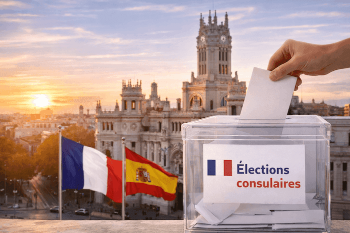 Une main dépose un bulletin dans une urne transparente devant le Palacio de Cibeles à Madrid au coucher du soleil, avec les drapeaux français et espagnol, illustrant les élections consulaires des Français en Espagne.