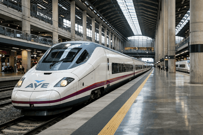 Train à grande vitesse AVE à quai dans une gare moderne en Espagne, avec architecture en verre et acier et quais spacieux.