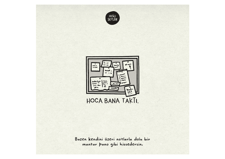 Illustration Hisli Şeyler : panneau couvert de notes symbolisant la pression scolaire en Turquie