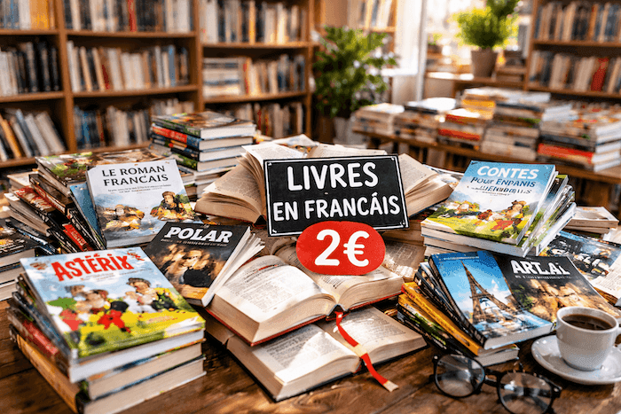 Vente de livres en français dans une bibliothèque : piles de romans, BD et livres jeunesse disposées sur une table, avec un panneau indiquant « livres en français – 2 € », dans une ambiance chaleureuse et lumineuse.