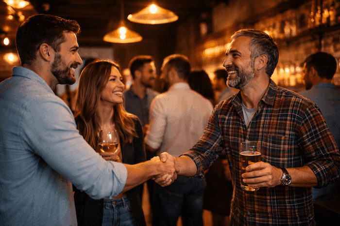 Poignée de main entre deux hommes lors d’un afterwork networking dans un bar, entourés de participants échangeant dans une ambiance chaleureuse.
