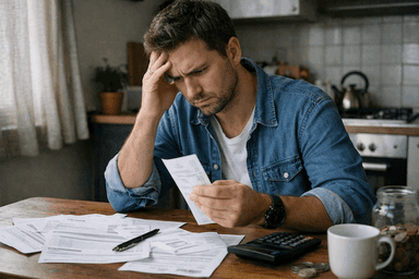 Homme assis à une table, regard préoccupé, examinant un ticket de caisse et des factures, avec une calculatrice et des pièces devant lui, illustrant les difficultés liées au pouvoir d’achat.