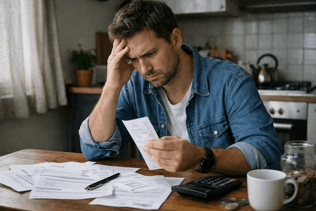 Homme assis à une table, regard préoccupé, examinant un ticket de caisse et des factures, avec une calculatrice et des pièces devant lui, illustrant les difficultés liées au pouvoir d’achat.