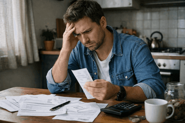Homme assis à une table, regard préoccupé, examinant un ticket de caisse et des factures, avec une calculatrice et des pièces devant lui, illustrant les difficultés liées au pouvoir d’achat.