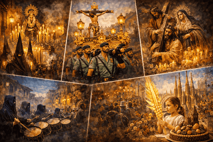 Illustration panoramique en collage représentant cinq scènes emblématiques de la Semaine sainte en Espagne : processions nocturnes éclairées à la bougie, pénitents encapuchonnés, légionnaires portant un trône religieux, sculptures baroques du Christ et de la Vierge, tambours résonnant dans des ruelles médiévales, et une enfant tenant une palme devant la Sagrada Família aux côtés d’une Mona de Pascua.