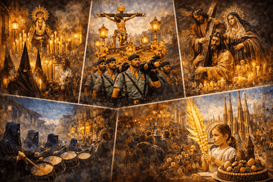 Illustration panoramique en collage représentant cinq scènes emblématiques de la Semaine sainte en Espagne : processions nocturnes éclairées à la bougie, pénitents encapuchonnés, légionnaires portant un trône religieux, sculptures baroques du Christ et de la Vierge, tambours résonnant dans des ruelles médiévales, et une enfant tenant une palme devant la Sagrada Família aux côtés d’une Mona de Pascua.