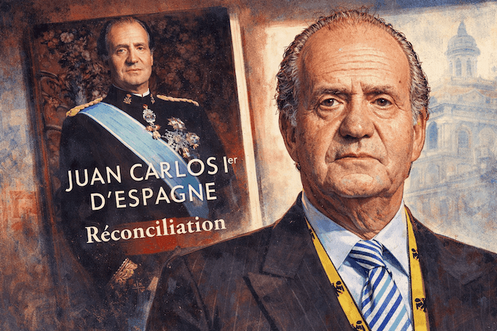 Illustration stylisée de Juan Carlos Ier en premier plan, au visage sérieux, sur fond graphique évoquant l’Assemblée nationale. En arrière-plan, la couverture de son livre Réconciliation, présentée comme une affiche.