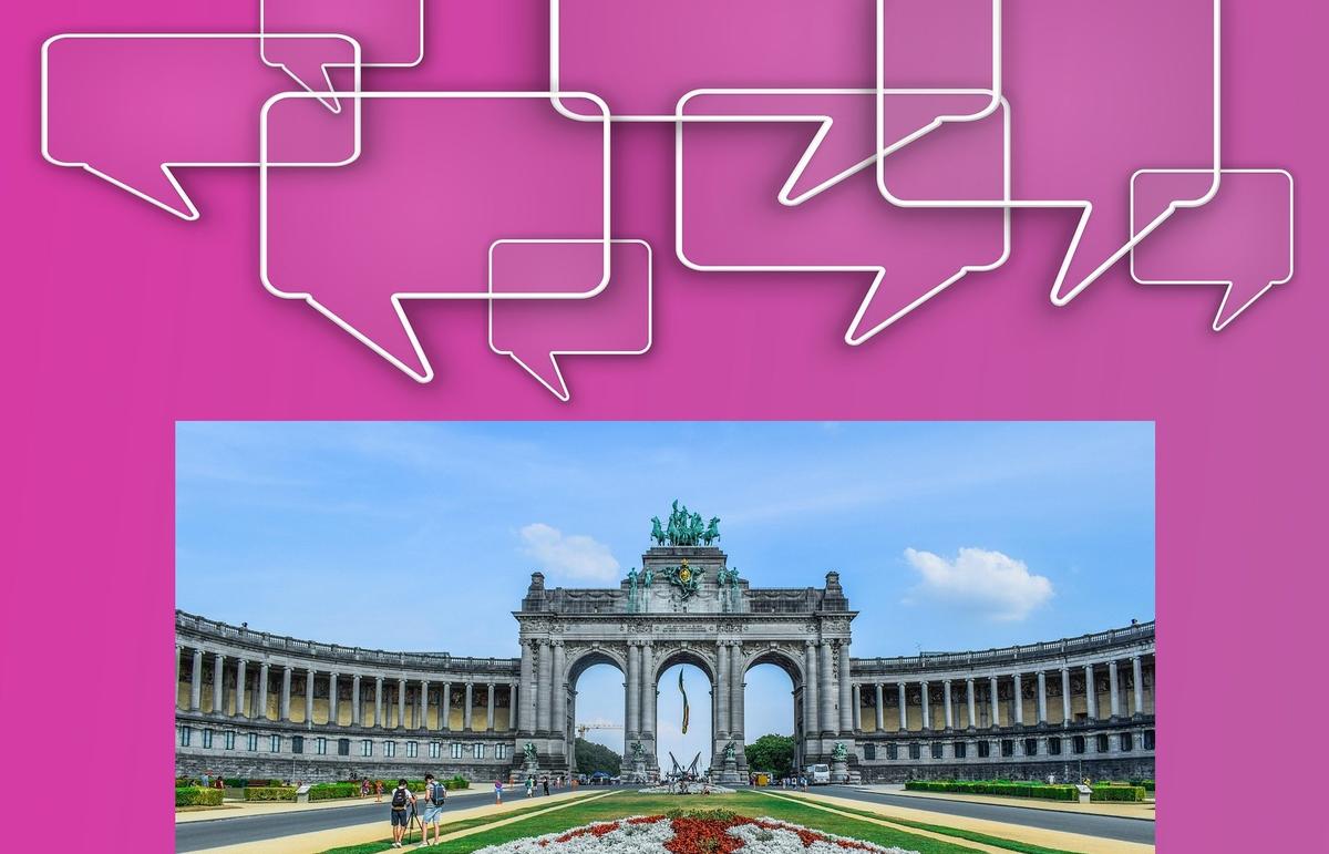 Montage pour l'article belgitude, avec le parc du cinquantenaire et des motifs représentant la parole.
