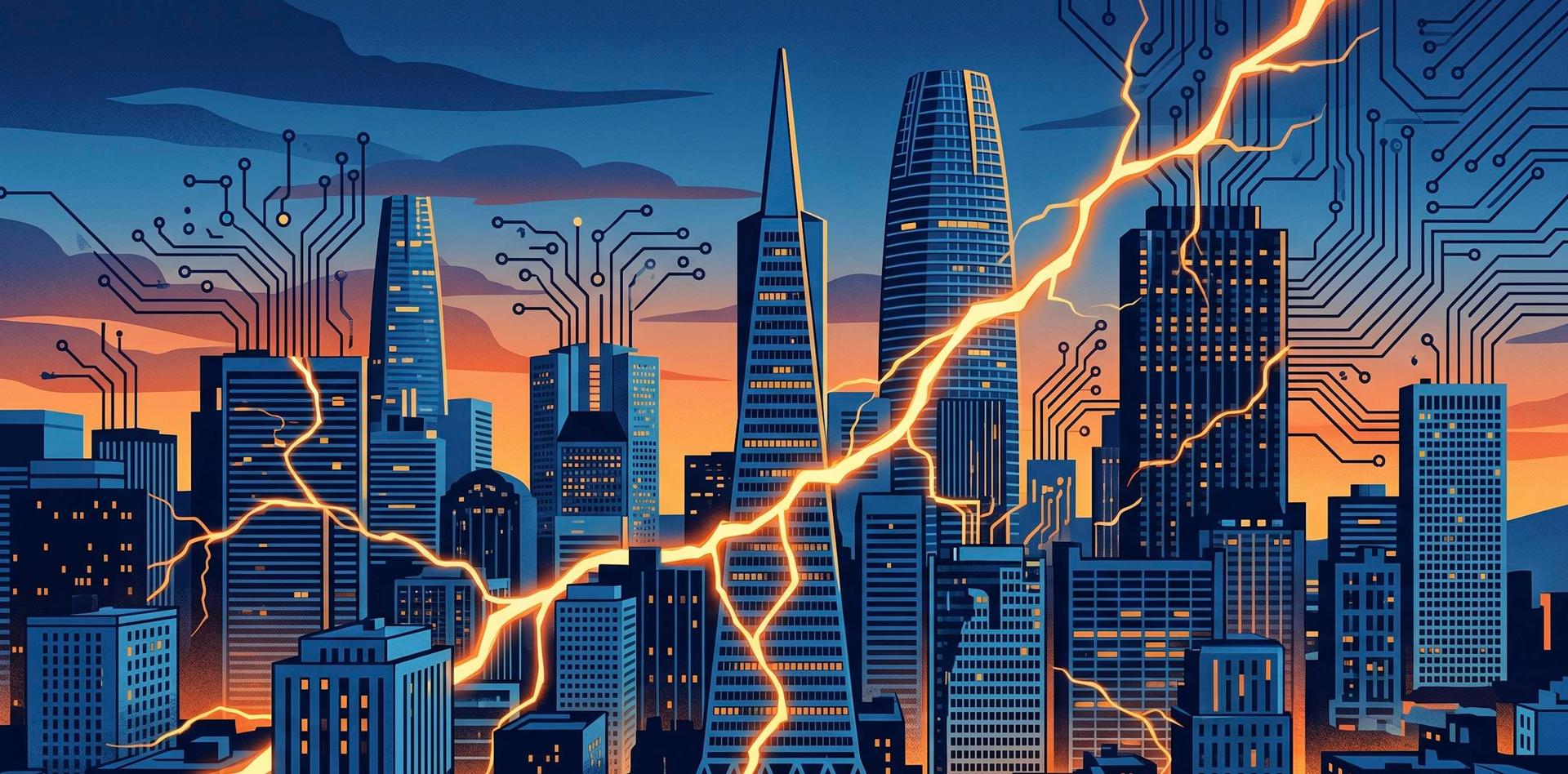 Illustration conceptuelle de San Francisco stylisée au crépuscule avec des circuits