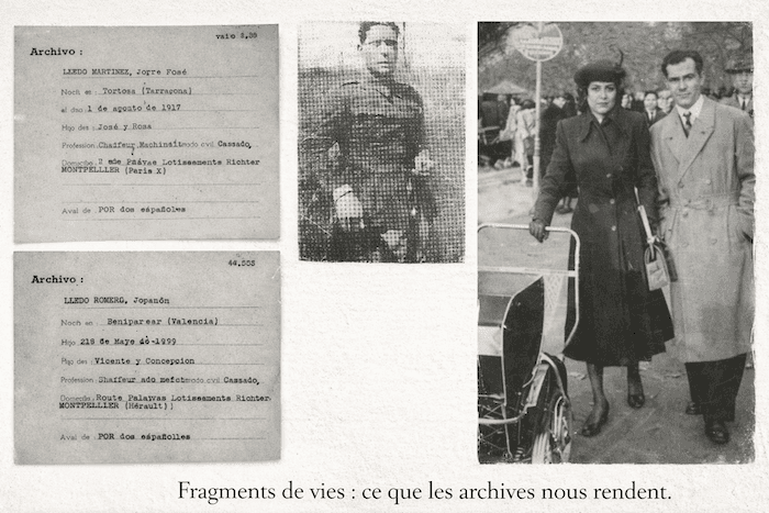 Montage horizontal réunissant deux fiches d’archives administratives jaunies, un portrait ancien d’homme en tenue formelle et une photographie en noir et blanc d’un couple marchant avec un landau dans une rue animée.