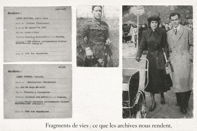 Montage horizontal réunissant deux fiches d’archives administratives jaunies, un portrait ancien d’homme en tenue formelle et une photographie en noir et blanc d’un couple marchant avec un landau dans une rue animée.