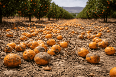 Oranges pourrissant au sol dans un verger espagnol, sous un climat sec, tandis que les arbres restent chargés de fruits non récoltés en arrière-plan.