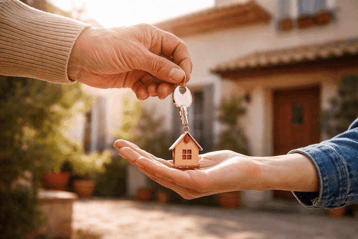 Main âgée transmettant une clé de maison à une main plus jeune, devant une habitation en arrière-plan flou, symbolisant la transmission d’un bien immobilier entre générations.