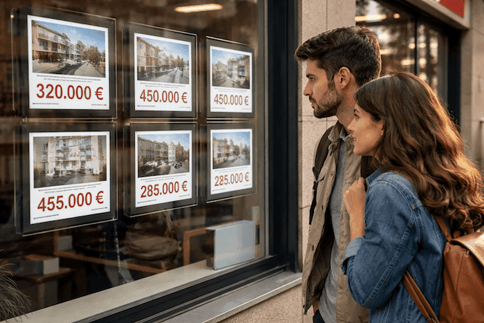 Jeune couple observant des annonces immobilières affichées en vitrine, avec des prix élevés, illustrant les difficultés d’accès à la propriété en Espagne.