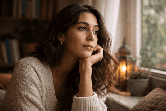 Portrait en lumière naturelle d’une jeune femme au regard pensif, assise près d’une fenêtre, évoquant l’introspection et la réflexion sur son identité et ses langues maternelles.